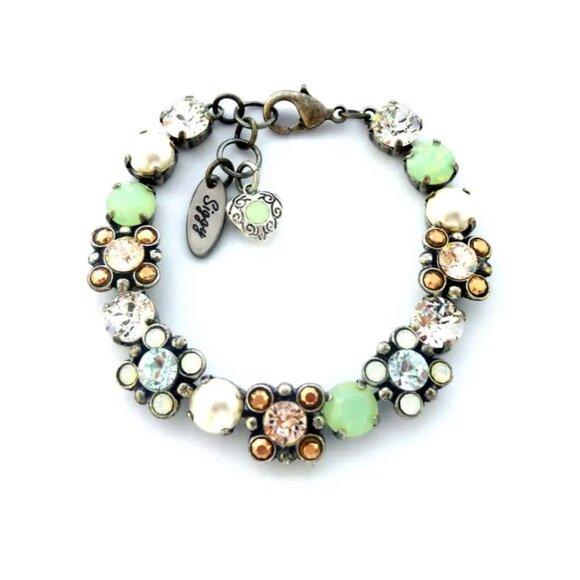 Spring Angel Austrian Crystal Flower Bracelet in Mint Opal, Pearls, and Neutrals - Picture 4 of 6
